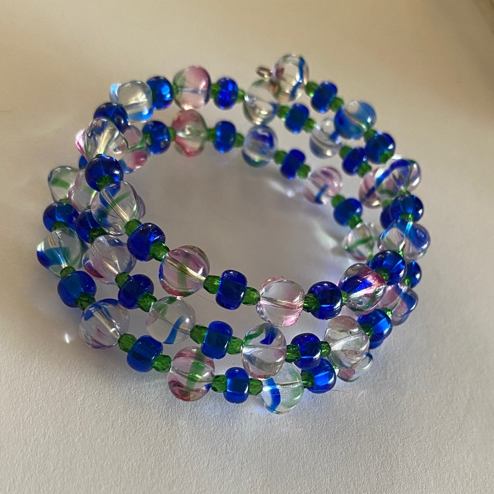 Handmade Blue, Pink & Green Glass Bead Coil Bracelet